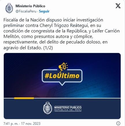 Abren investigación contra congresista Cheryl Trigozo. Foto: Fiscalía.