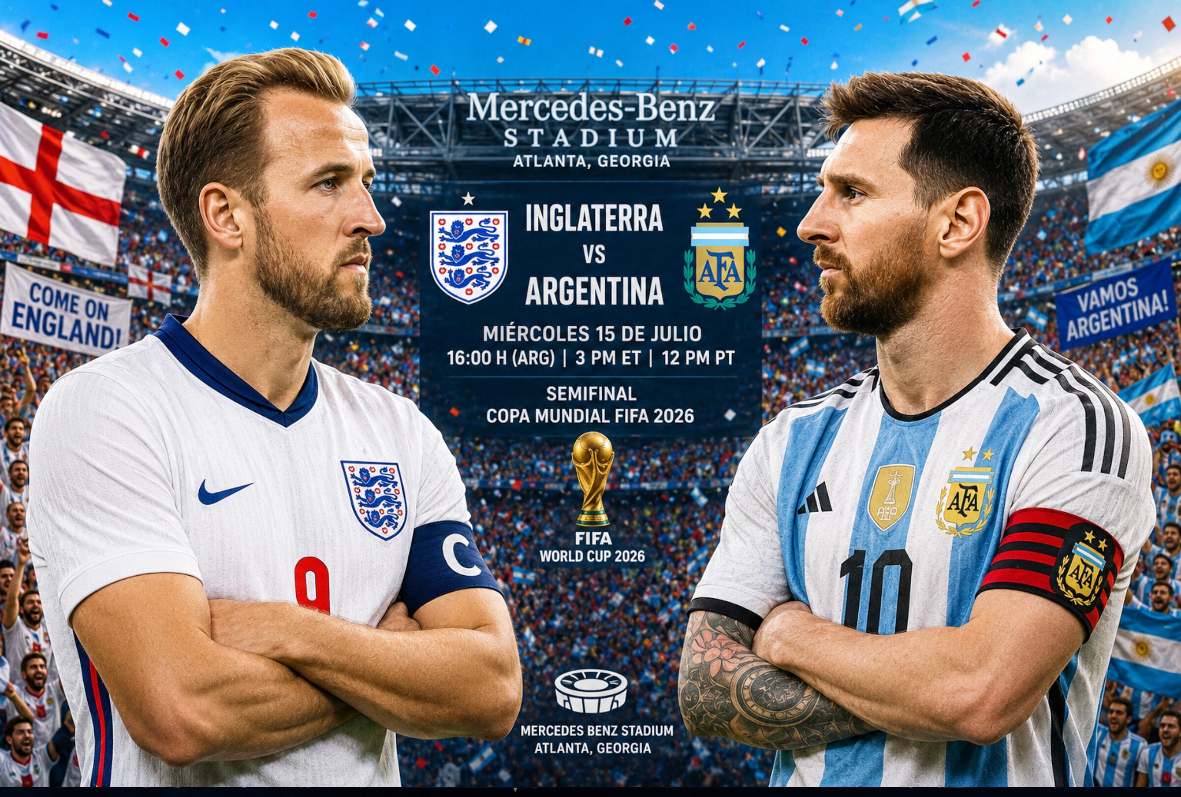 ATLANTA, GEORGIA (ESTADOS UNIDOS), 15/07/2026.- Cobertura oficial de Telemundo Deportes (Peacock) EN VIVO ONLINE para ver el partido Argentina vs. Inglaterra hoy por la semifinal del Mundial 2026 en el Mercedes Benz Stadium de Atlanta, Georgia. FOTO DE NOÉ YACTAYO
