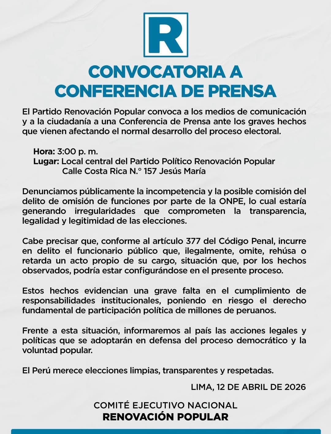 Comunicado de Renovación Popular. Foto: X.