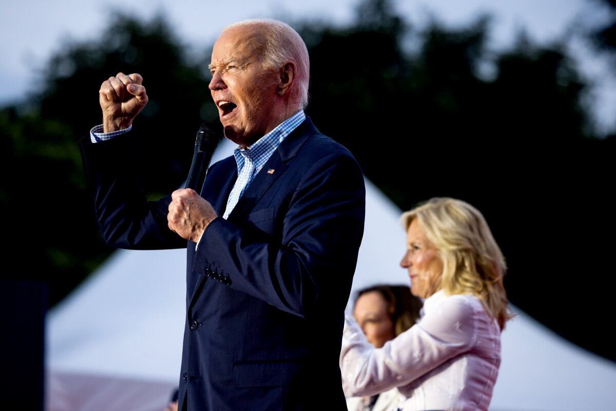 US President Joe Biden speaks during a Fourth of July celebration on the South Lawn of the White House in Washington, DC, US, on Thursday, July 4, 2024. Biden's reelection campaign limped into the US Independence Day holiday, exhausted by a week of the incumbent clawing to maintain his hold on his party's nomination. Photographer: Tierney L. Cross/Bloomberg
