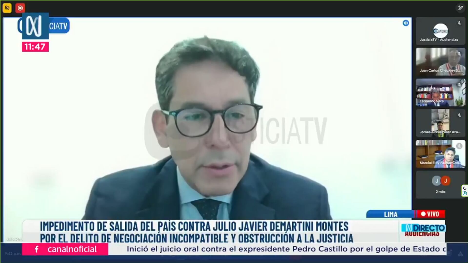 Julio Demartini participó en la audiencia virtual de impedimento de salida del país en su contra, a pedido de la Fiscalía. Foto: Justicia TV.
