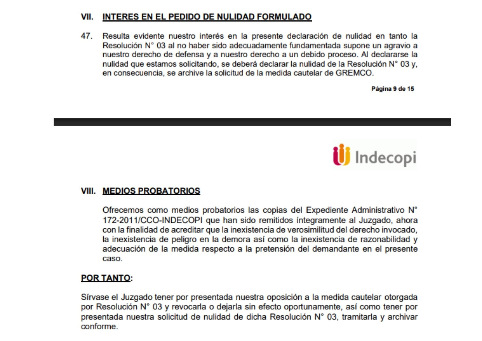 Indecopi solicitó al Poder Judicial revocar o dejar sin efecto la medida cautelar a favor de Gremco y declarar la nulidad de la resolución que la otorgó. (Documento Indecopi).