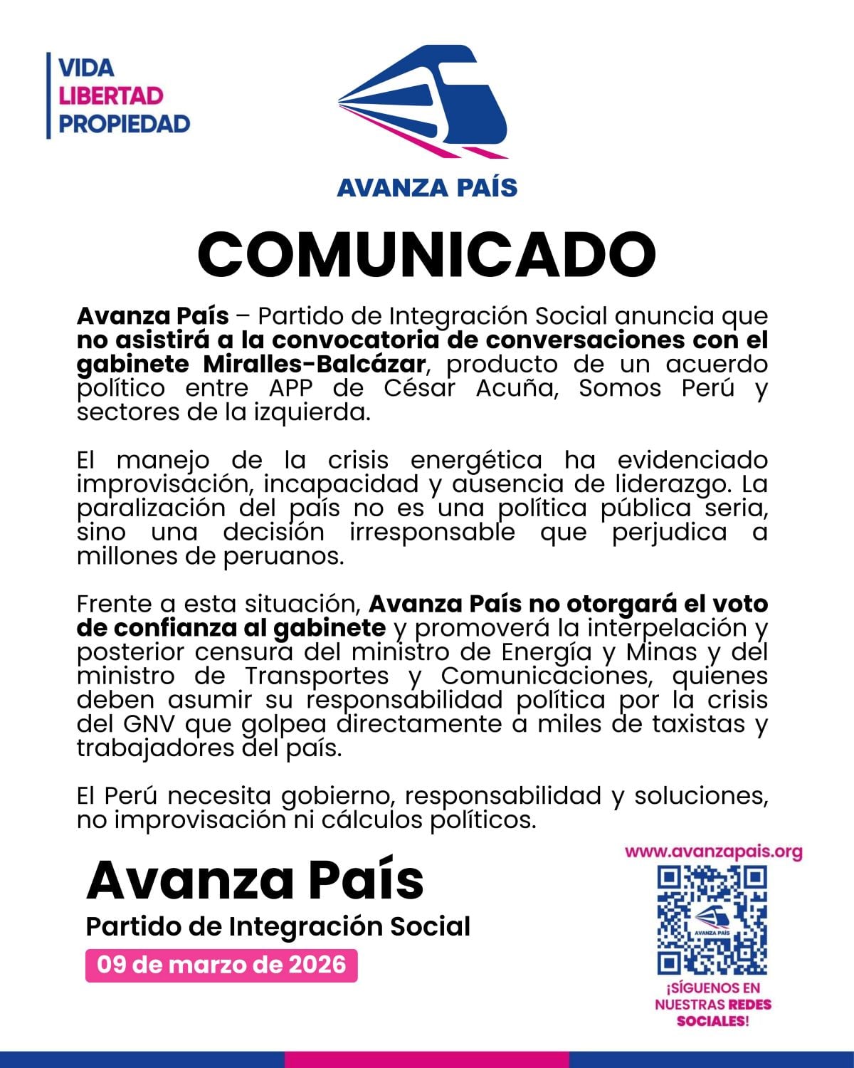 Comunicado de Avanza País. Foto: X.