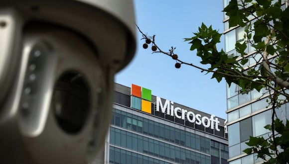 Signage for Microsoft Corp. atop the company's offices in Beijing, China, on Thursday, May 16, 2024. Microsoft asked hundreds of its China staff to consider relocating overseas, according to the Wall Street Journal.