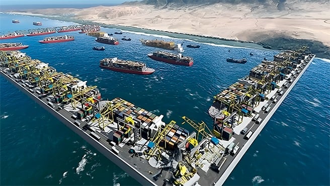 Representación de cómo se vería el puerto de Corío en operaciones. Foto: MTC.