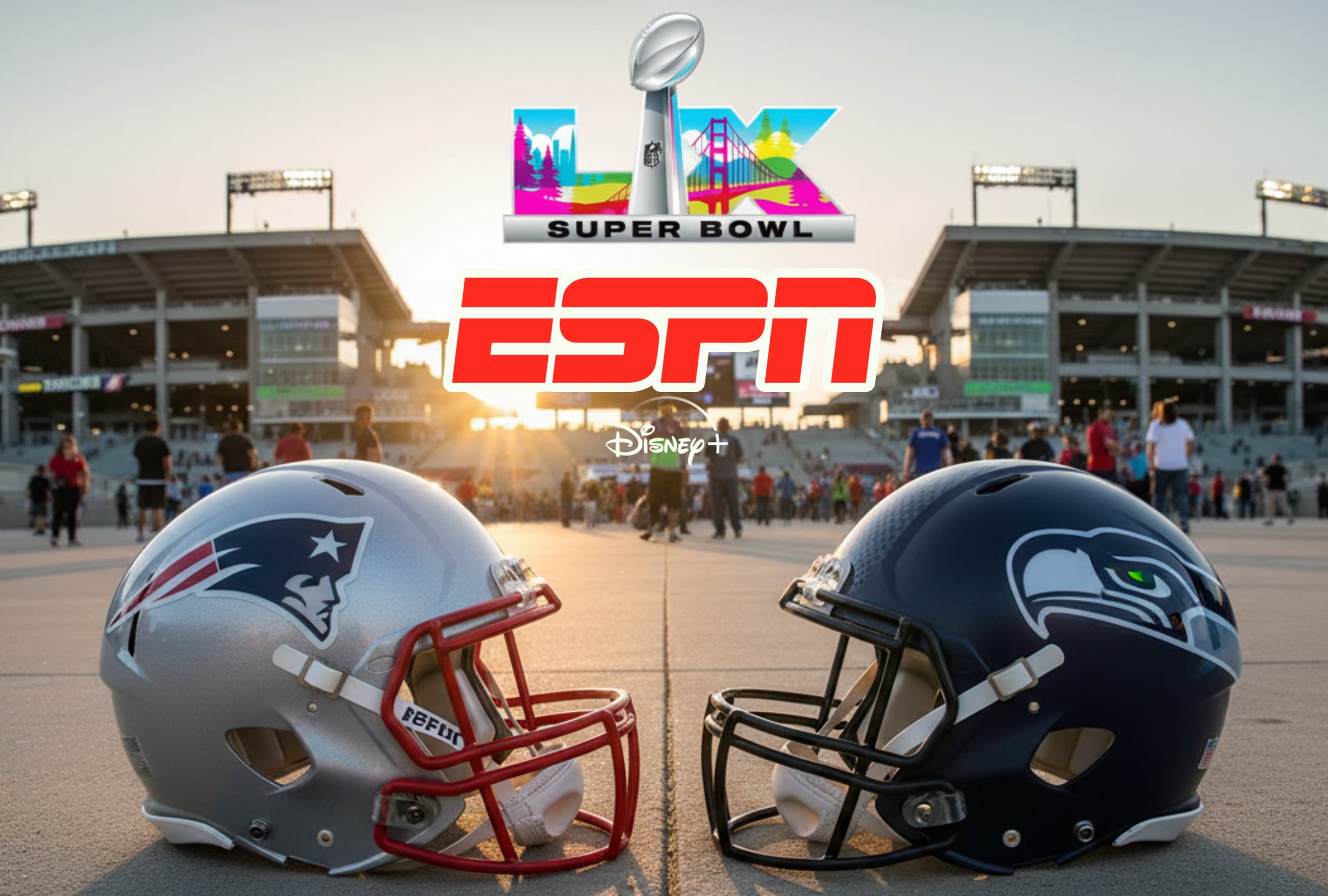 SANTA CLARA, CALIFORNIA (ESTADOS UNIDOS), 08/02/2026.- Cobertura oficial de ESPN EN VIVO ONLINE para ver el Super Bowl 2026 con el partido Seattle Seahawks vs. New England Patriots y el show de medio tiempo con Bad Bunny este domingo 8 de febrero desde el Levi's Stadium de Santa Clara, California (Estados Unidos). FOTO CREADA POR NOÉ YACTAYO CON PERPLEXITY AI CON LOGO DE SUPER BOWL Y ESPN.COM PARA GESTIÓN MIX