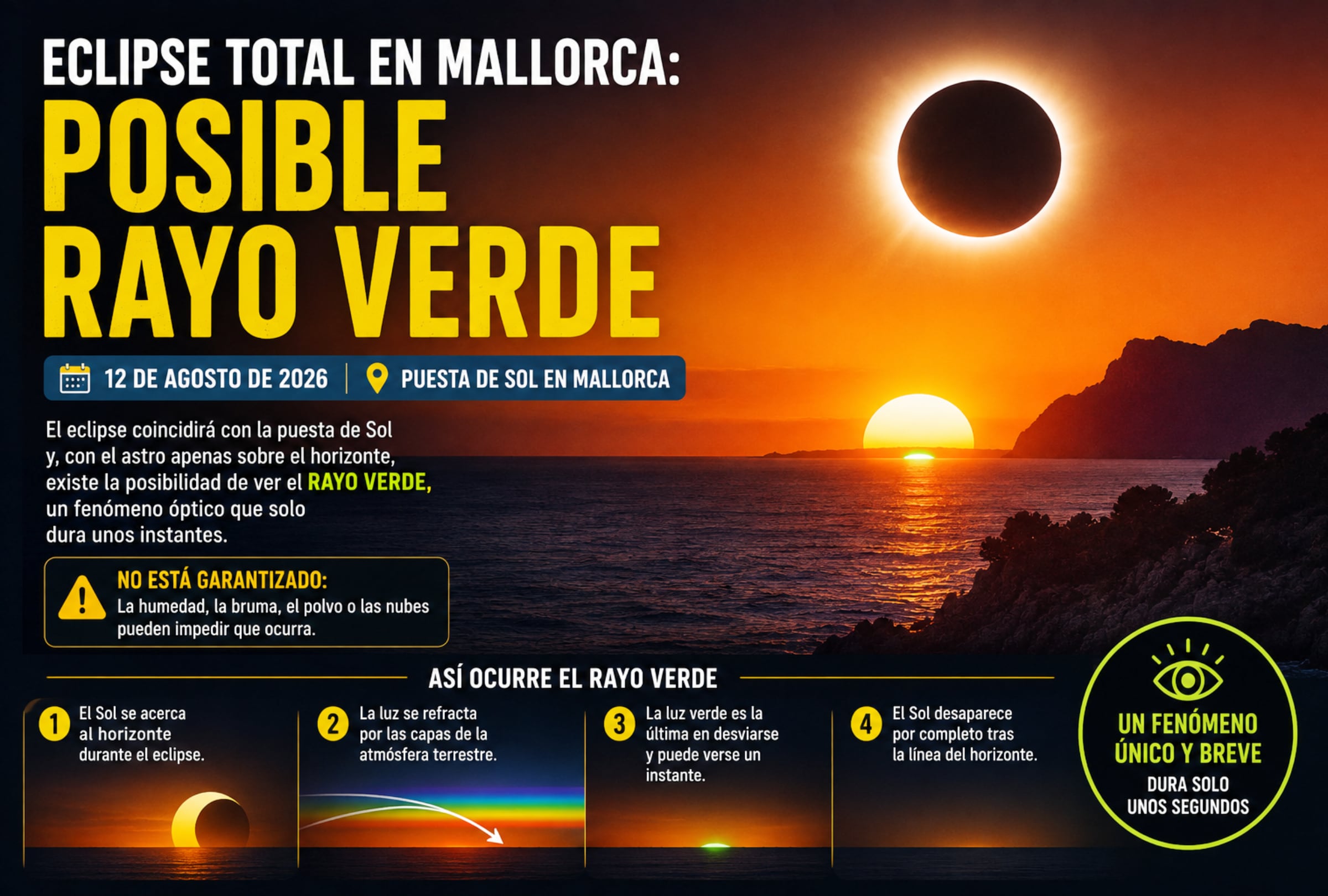 MALLORCA, ISLAS BALDEARES (ESPAÑA), 12/08/2026.- El eclipse solar total coincidirá con la puesta de Sol en Mallorca y podría ofrecer una oportunidad excepcional para intentar observar el llamado rayo verde, un fenómeno óptico que apenas dura unos segundos y depende de que el horizonte esté despejado y las condiciones atmosféricas acompañen. FOTO DE NOÉ YACTAYO