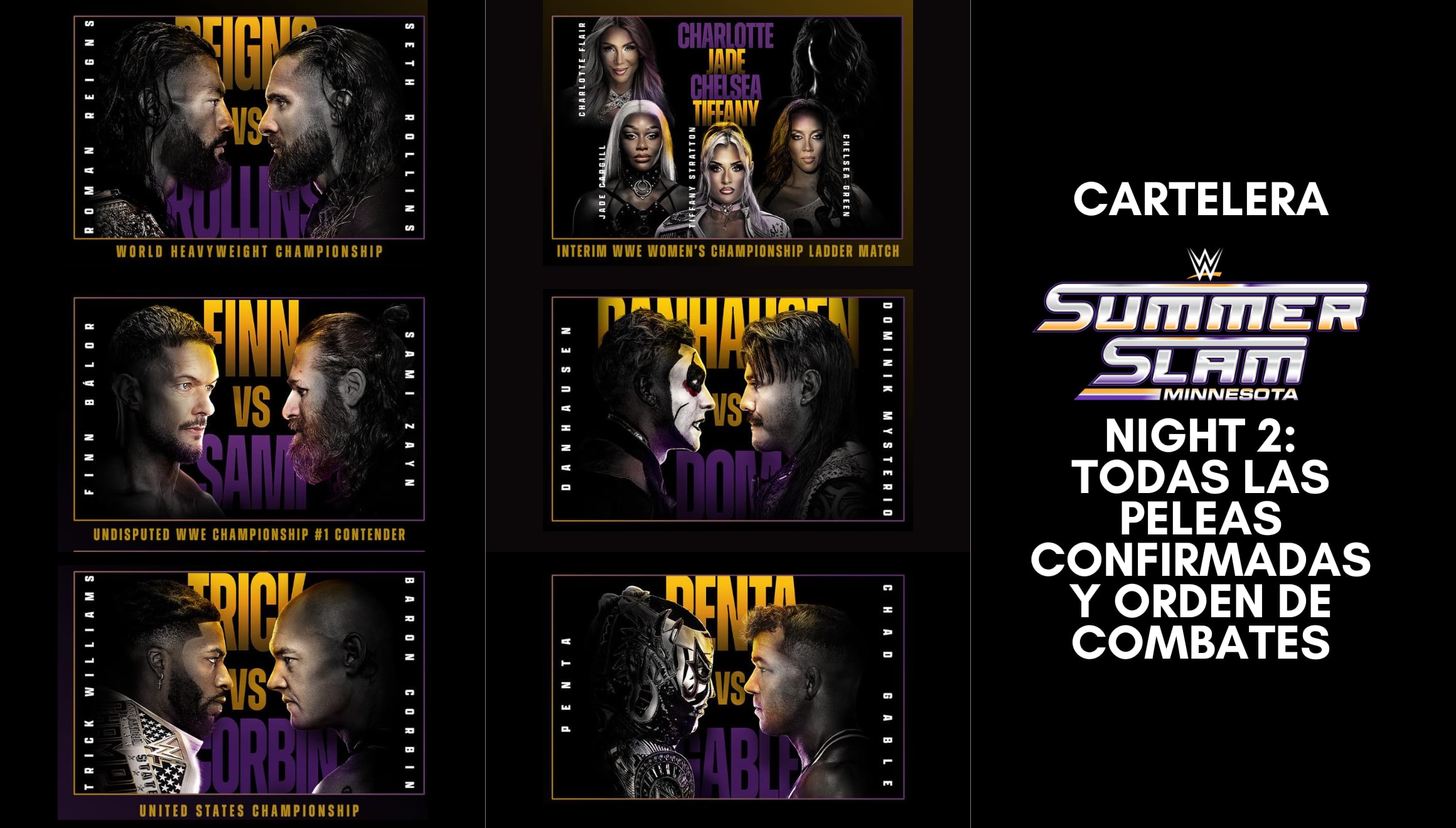 Gráfica oficial con la cartelera completa y el orden de peleas programadas para la segunda noche de WWE SummerSlam 2026, encabezada por la lucha de Roman Reigns y Seth Rollins. | Crédito: wwe.com / Composición Gestión Mix