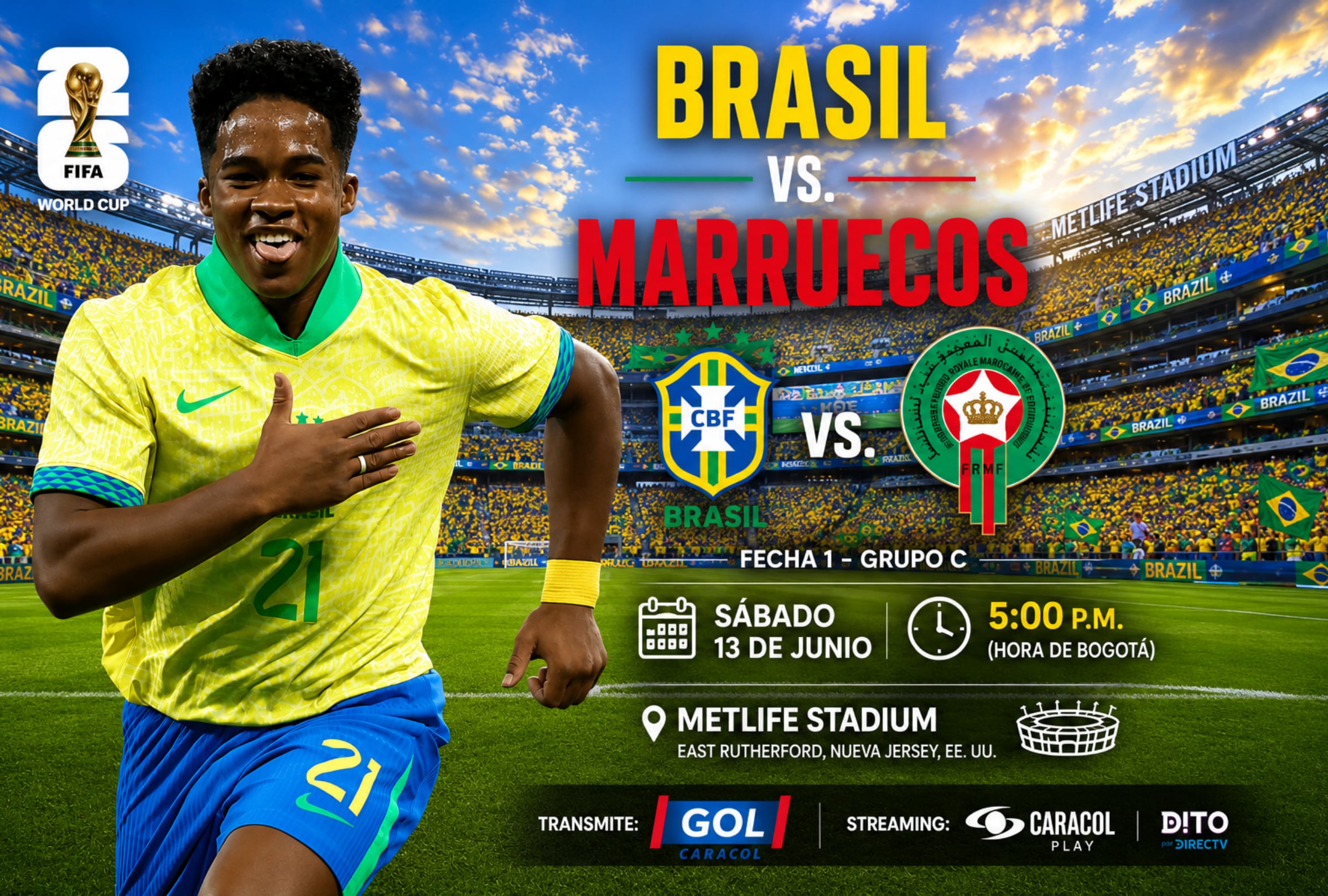 EAST RUTHERFORD, NUEVA YORK (ESTADOS UNIDOS), 13/06/2026.- Cobertura oficial de GOL Caracol HD EN VIVO GRATIS para ver el partido entre Brasil y Marruecos este sábado 13 de junio por la Jornada 1 del grupo C del Mundial 2026 en el MetLife Stadium de East Rutherford, Nueva York. FOTO DE NOÉ YACTAYO