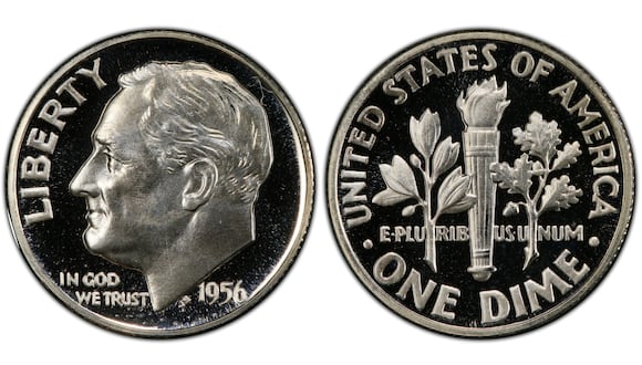 Las monedas de 10 centavos de 1956 son muy valiosas para los coleccionistas, quienes están dispuestos a desembolsar miles de dólares para comprarlas (Foto: PCGS)