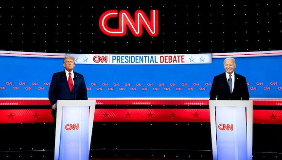 El presidente estadounidense Joe Biden (derecha) y el expresidente estadounidense Donald Trump durante el primer debate presidencial en Atlanta, Georgia, EE.UU., el jueves 27 de junio de 2024. Fotógrafo: Eva Marie Uzcátegui/Bloomberg