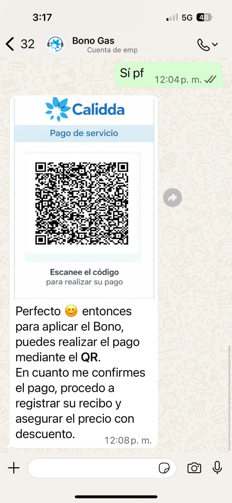 Estafas en WhatsApp sobre un supuesto bono para el servicio de gas natural. Foto: Cálidda