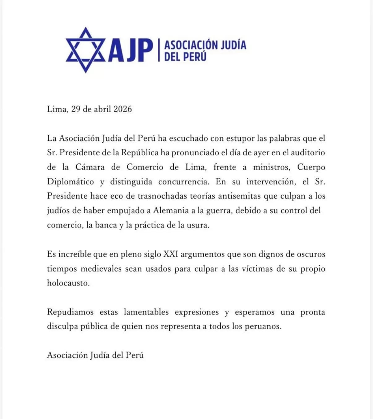 Comunicado Asociación Judía del Perú. Foto: Asociación Judía del Perú