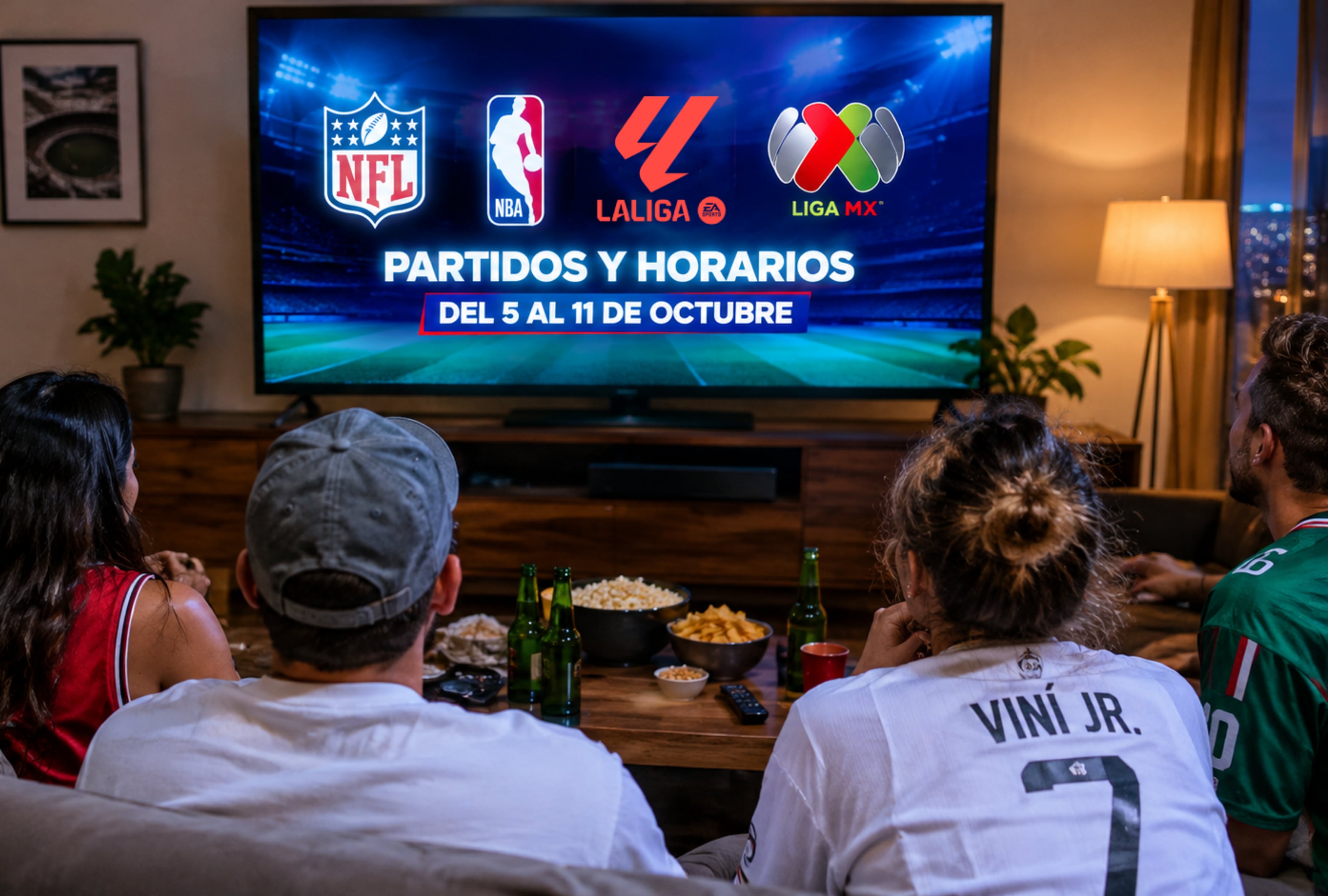 La NFL, NBA, LaLiga y Liga MX concentran una nueva semana de partidos. Revisa los horarios y principales encuentros del 5 al 11 de octubre. | Imagen referencial creada por El Comercio MAG utilizando la IA de Chat GPT / Composición GEC