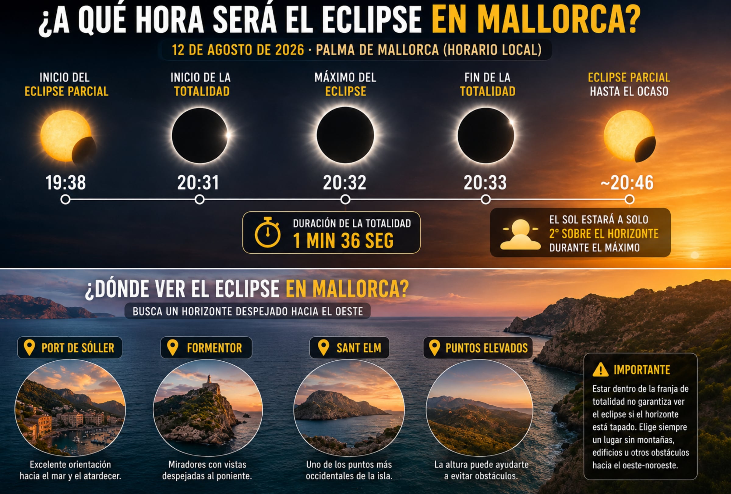 MALLORCA, ISLAS BALDEARES (ESPAÑA), 12/08/2026.- El eclipse solar total del 12 de agosto comenzará en Palma a las 19:38 y alcanzará la totalidad alrededor de las 20:31, con el máximo a las 20:32 y una duración de aproximadamente 1 minuto y 36 segundos, mientras el Sol se encontrará apenas a 2° sobre el horizonte. FOTO DE NOÉ YACTAYO