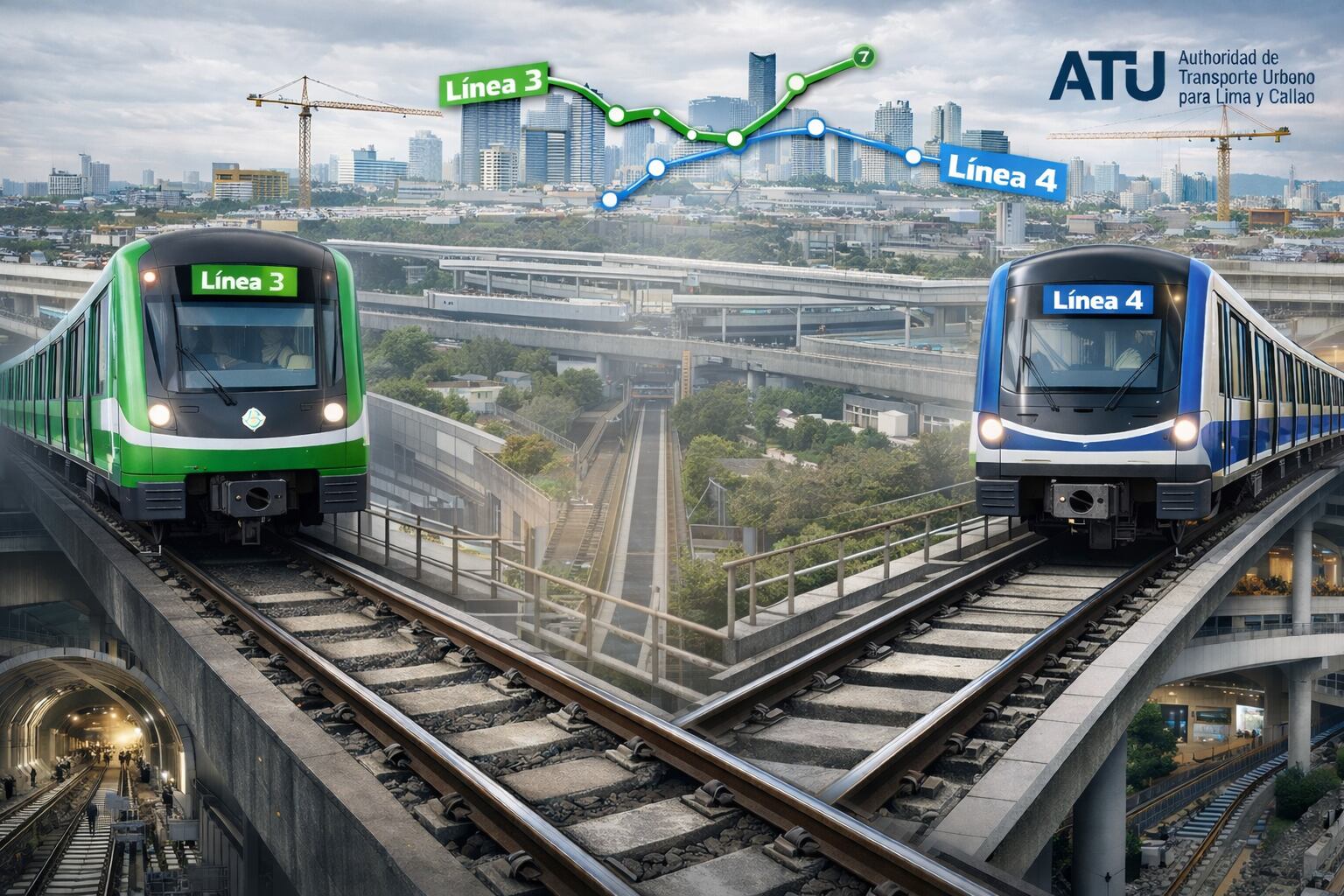 En el evento, Luis Del Carpio, presidente ejecutivo de ProInversión, adelantó que, luego de haber insinuado que se promoverían bajo la modalidad Gobierno a Gobierno (G2G) en gestiones pasadas del MTC, finalmente ambas líneas de metro no seguirían ese camino. Fotocomposición: ChatGPT, Alessandro Azurín, Diario Gestión.