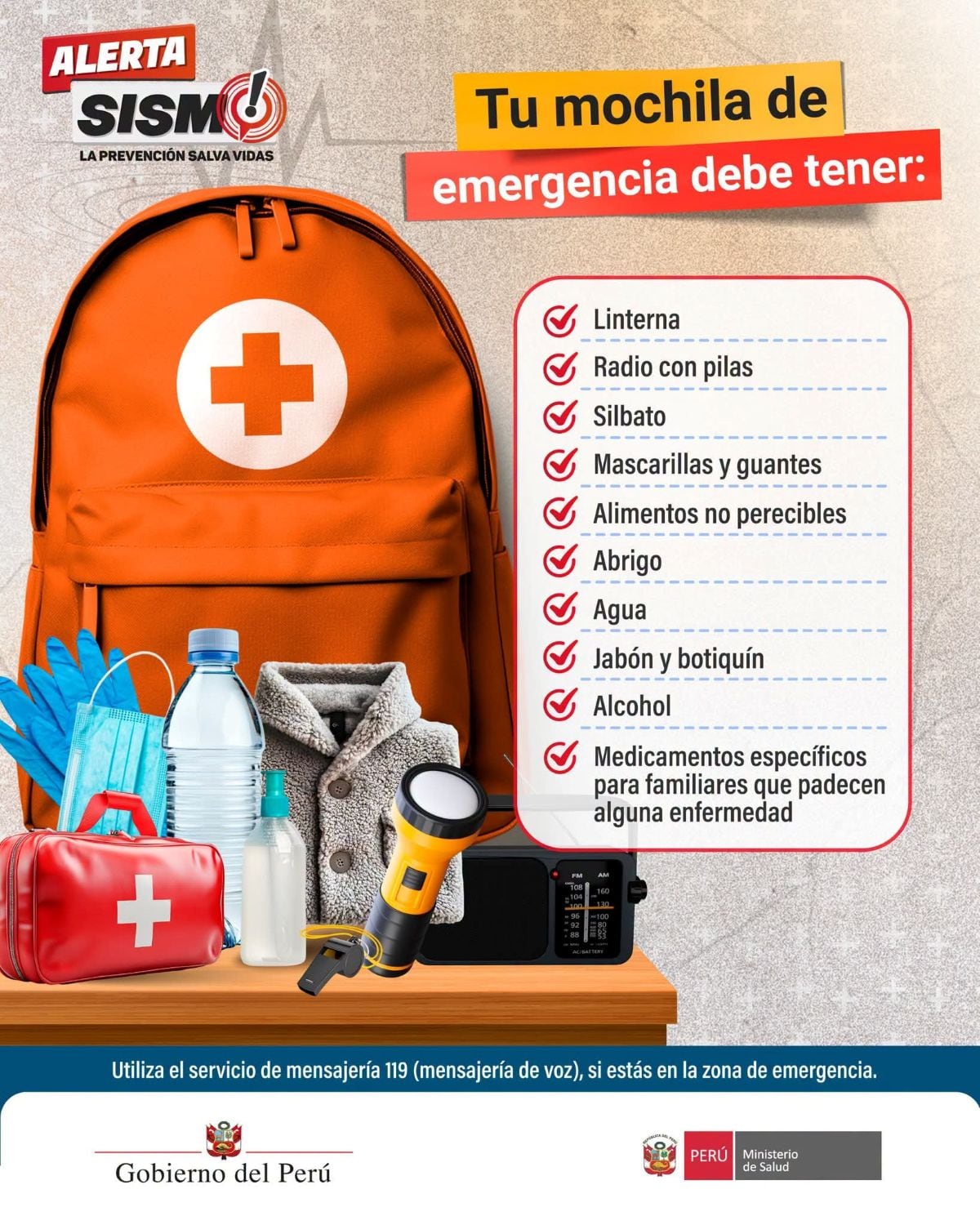 ¿Qué debe contener tu mochila de emergencia? Foto: Minsa.