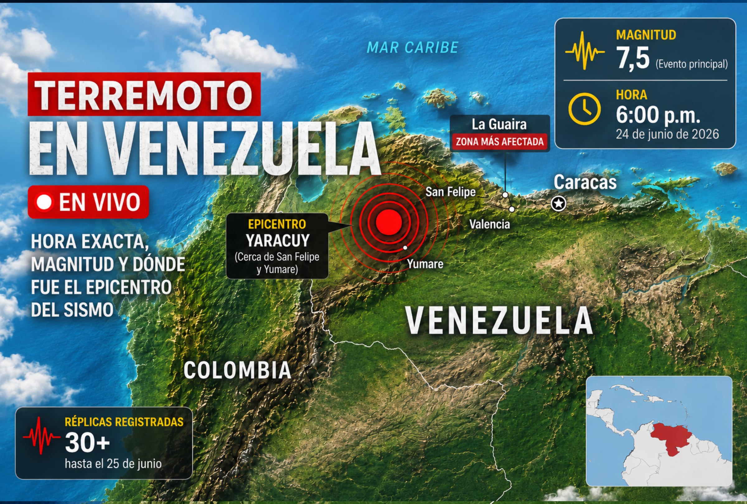 LA GUAIRA (VENEZUELA), 25/06/2026.- Terremoto en Venezuela hoy, 25 de junio: últimas noticias, hora exacta, magnitud, epicentro, réplicas y reportes de Funvisis y USGS. FOTO DE NOÉ YACTAYO CON IMÁGENES DE GOOGLE MAPS