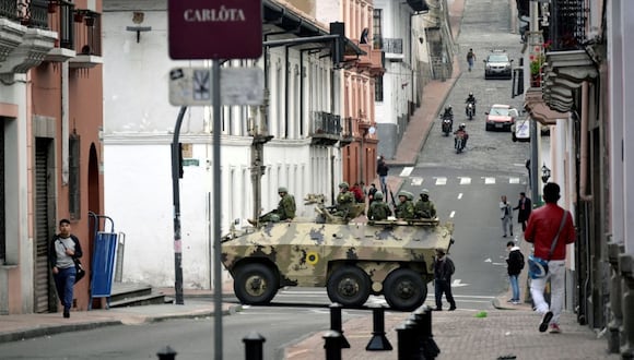 Ecuadorean security forces patrol the area around the main square and presidential palace in Quito, Ecuador on Jan. 9, 2024. Photographer: STR/AFP/Getty Images