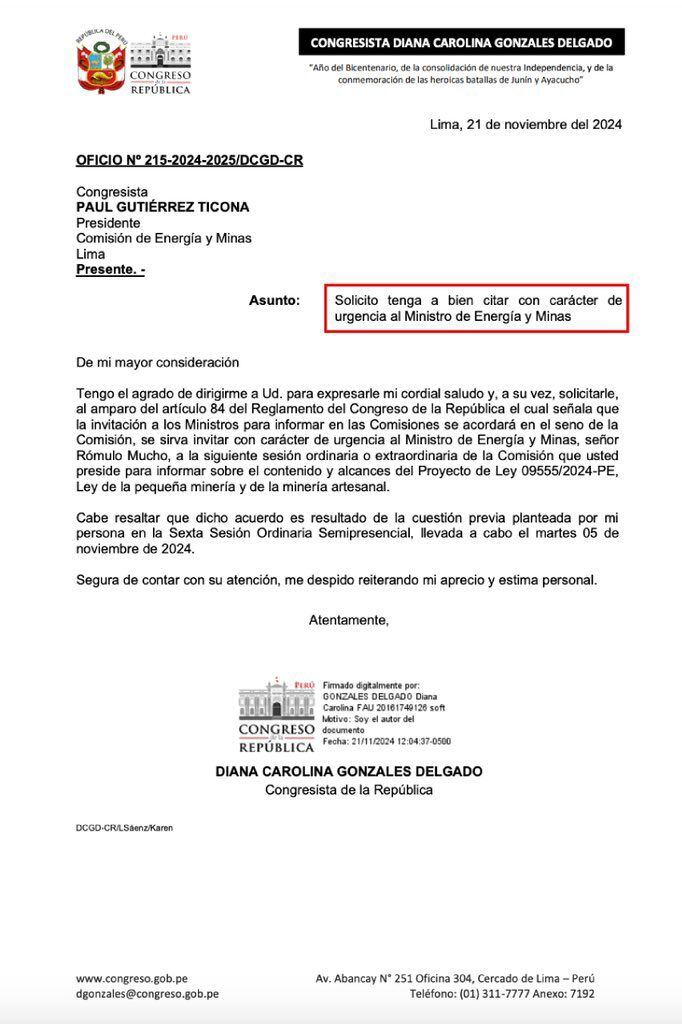 Oficio enviado a la Comisión de Energía y Minas para citar el ministro Rómulo Mucho.