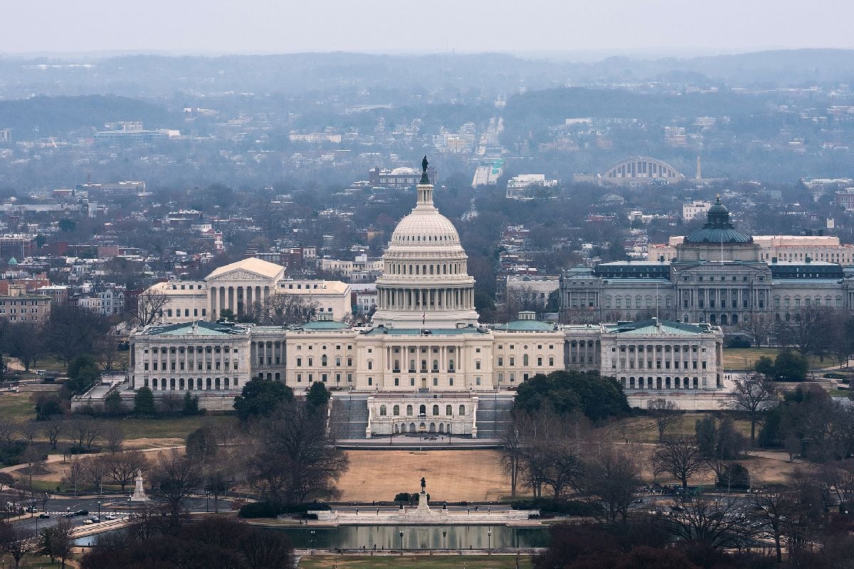 Seen from the Washington Monument, a view of the U.S. Capitol Building on March 8, 2026 in Washington, DC. Airline and transportation representatives are warning that the ongoing partial government shutdown could snarl air travel ahead of a busy spring break travel season.