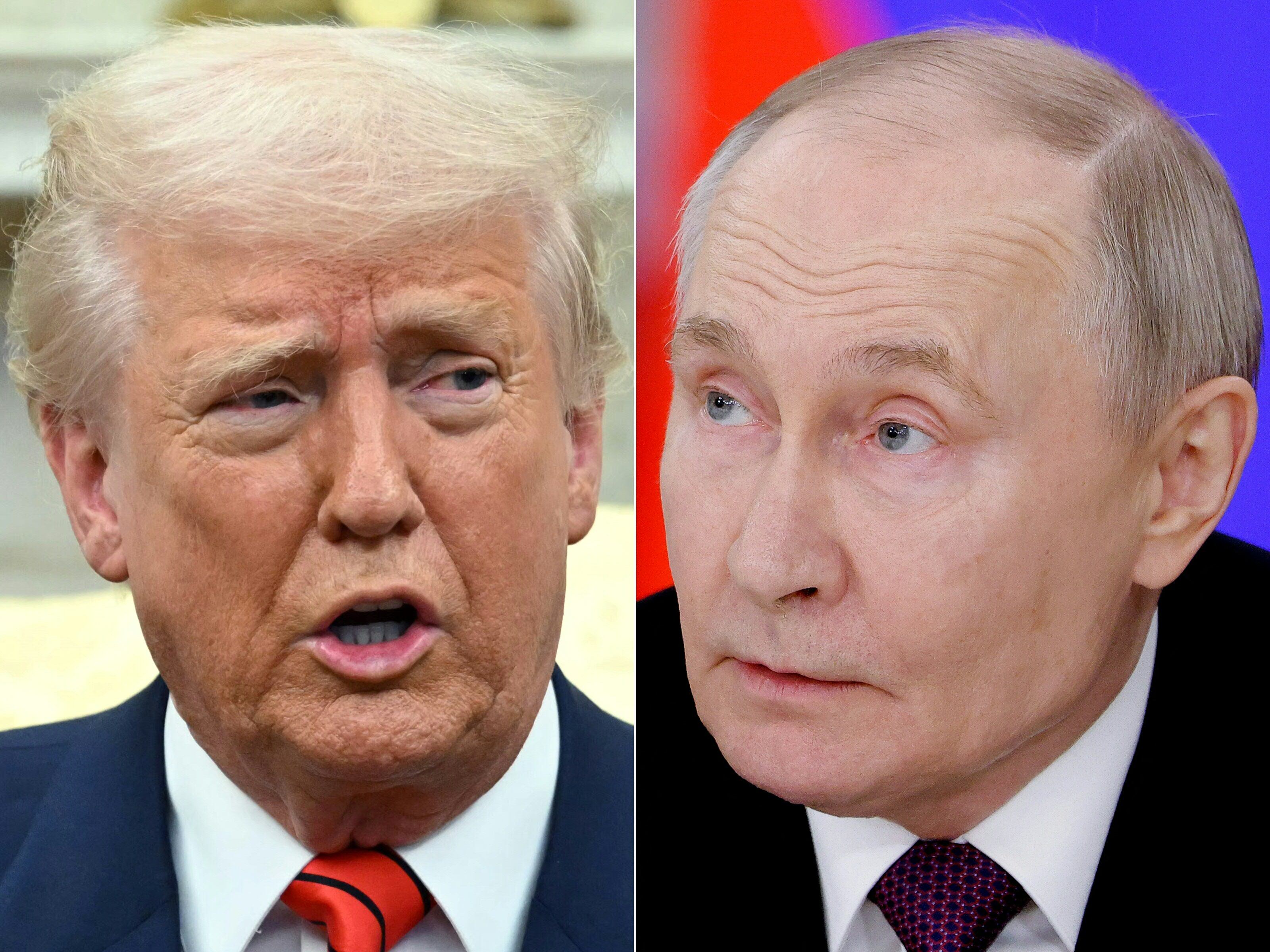 El presidente de Estados Unidos, Donald Trump, afirmó este martes que su homólogo ruso, Vladímir Putin, “dice muchas tonterías” sobre Ucrania, y advirtió que la opción de imponer sanciones contra Rusia sigue sobre la mesa. (Fotos de Mandel NGAN y Maxim Shemetov / AFP).