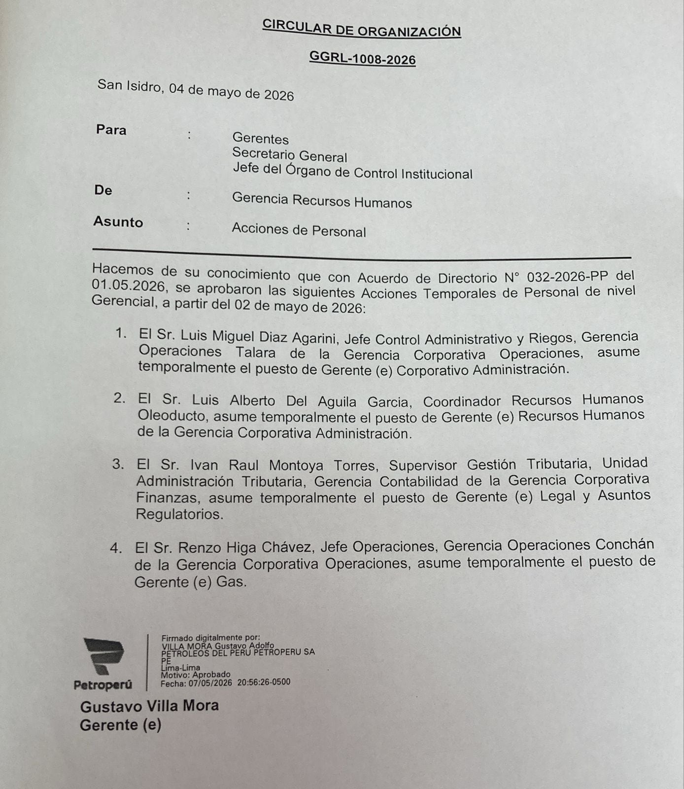 Circular de Petroperú, a la que tuvo acceso Gestión.