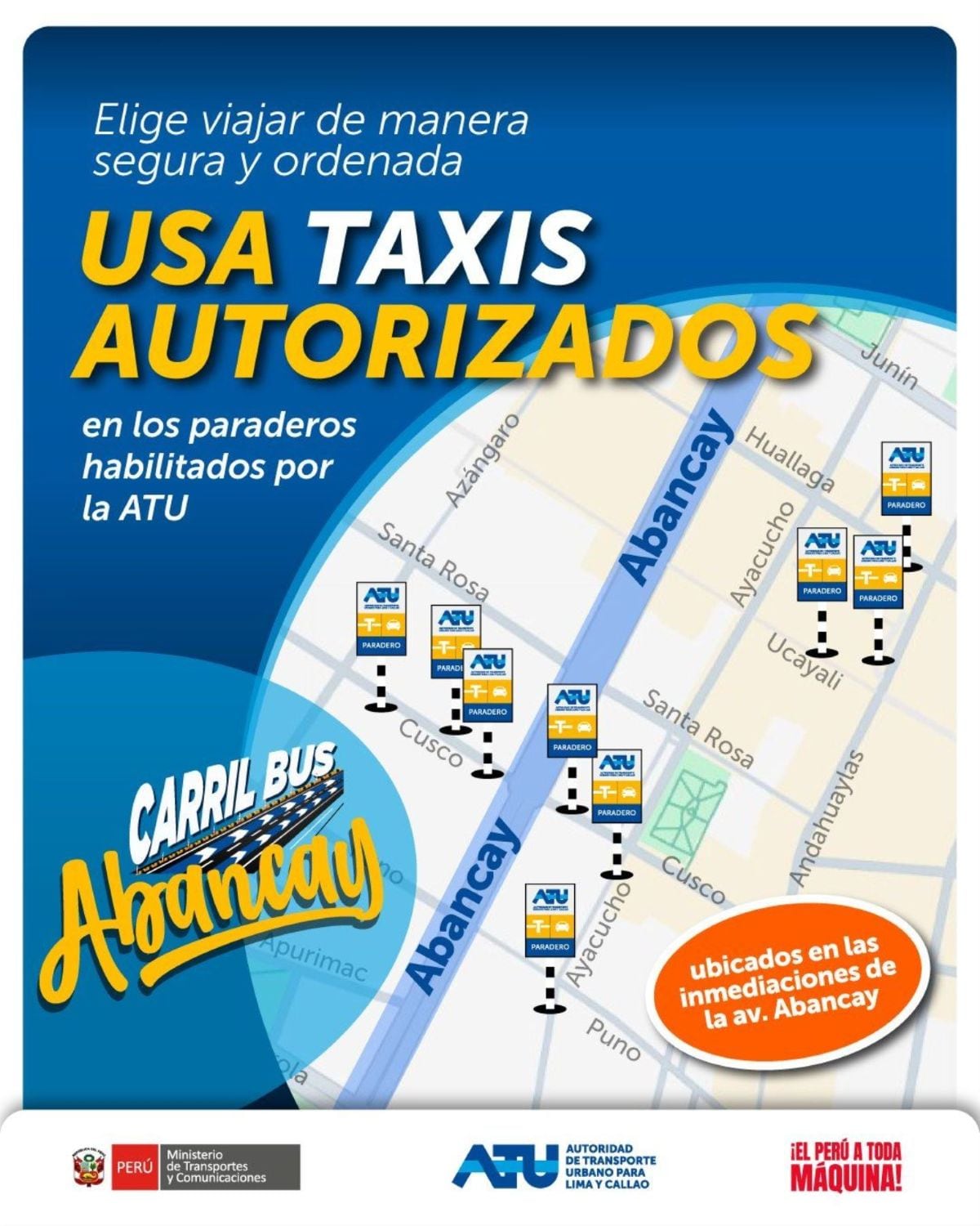 Paraderos habilitados por la ATU para abordar el servicio de taxi. Foto: ATU.