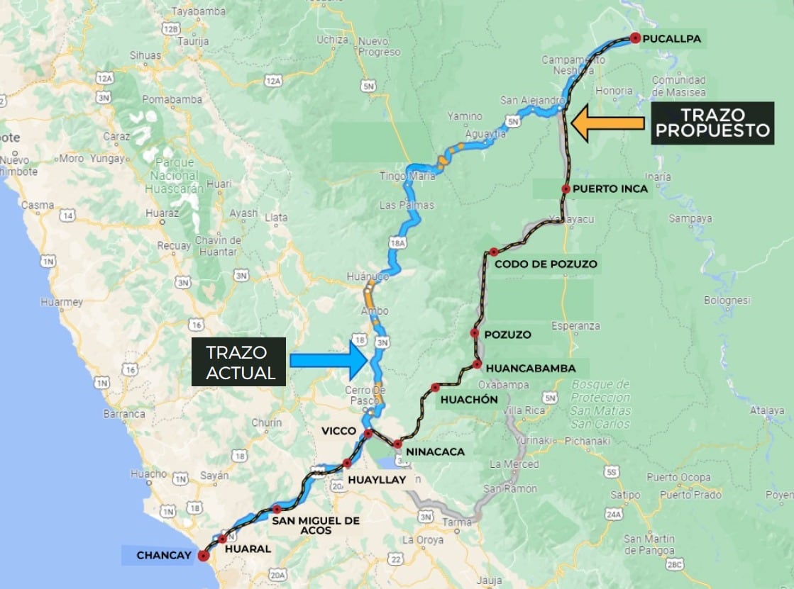 El Corredor vial pasará por importantes regiones del país, incluyendo Pucallpa, Puerto Inca, Codo de Pozuzo, Pozuzo, Huancabamba, Huachón, Ninacaca, Vicco, Huayllay, San Miguel de Acos, Huaral y Chancay. (Foto: Congreso)