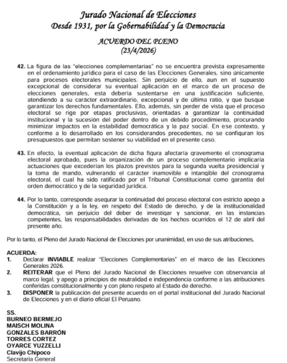 Acuerdo del Pleno del Jurado Nacional de Elecciones. Foto: JNE.