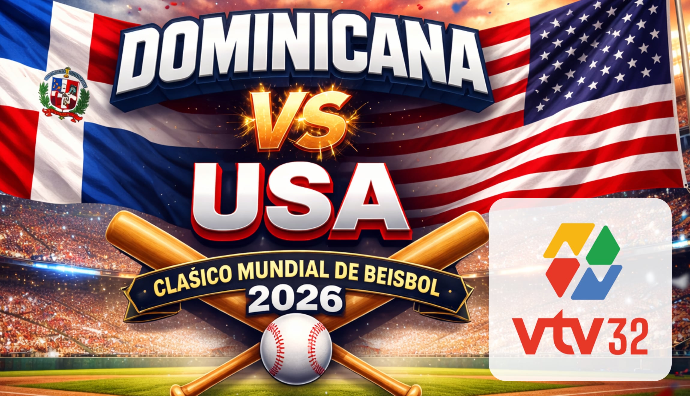 Señal de VTV Canal 32 EN VIVO para ver el juego de Dominicana vs. Estados Unidos, este domingo 15 de marzo, por la semifinal del Clásico Mundial de Béisbol. (Foto: Imagen creada por Gestión Mix utilizando la IA de Gemini)