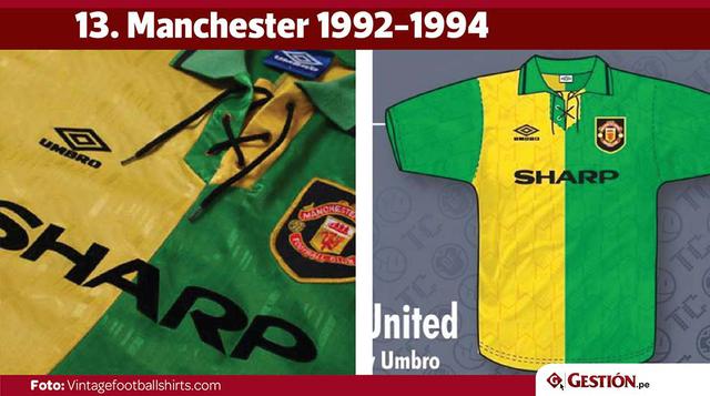 Manchester United dejó los clásicos rojo, negro y blanco en 1992 para pintar a su alterna de amarillo y verde. Funfact: Con esta camiseta salieron bicampeones de la Premier League.