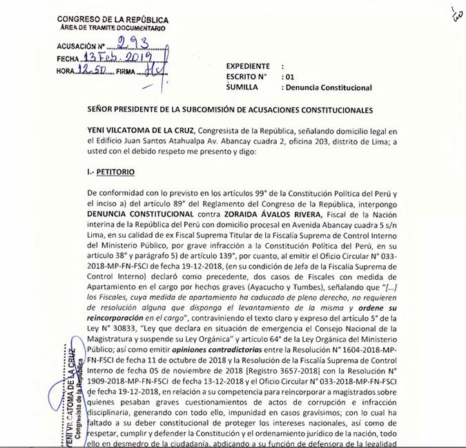 Esta es la nueva denuncia constitucional presentada contra Zoraida Ávalos. (Foto: Difusión)