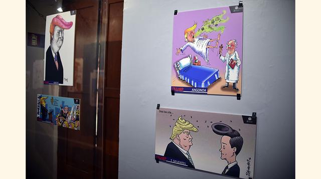 Al mejor estilo del exorcista, la caricatura superior derecha muestra a Donald Trump siendo “salvado” por un asustado sacerdote.