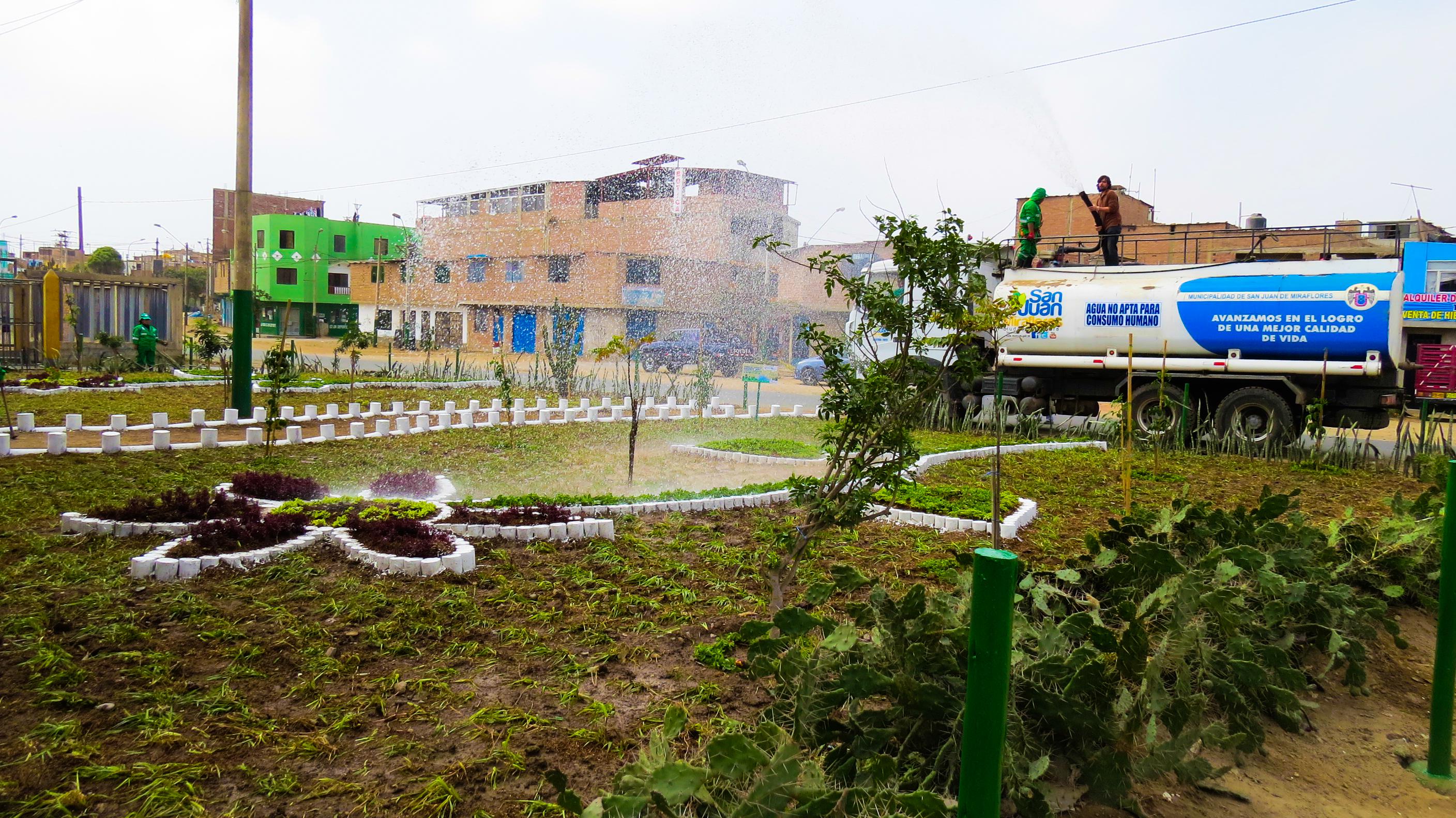 Camión cisterna con agua tratada regando parque en SJM.