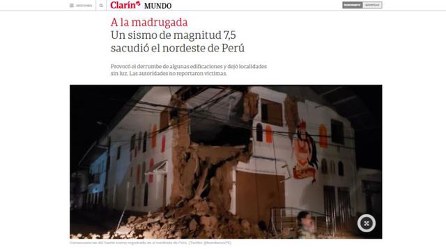 Terremoto en el Perú: Así informa Clarín de Argentina sobre el potente sismo en Loreto. (Captura)