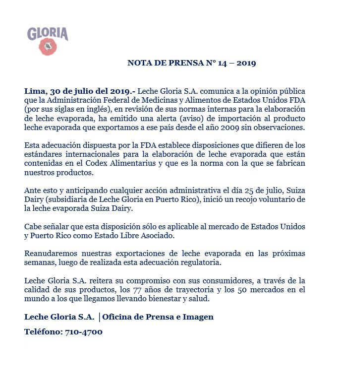 Gloria respondió ante alerta de la FDA.