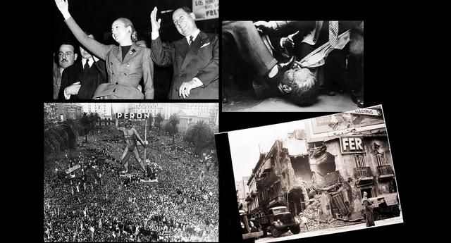 FOTO 4 | 1956: El populista Juan Perón subió al poder en 1946 y procedió a nacionalizar empresas, redistribuir la riqueza y afirmar un mayor control gubernamental sobre la economía. Las políticas que él y su esposa, Evita, llevaron a cabo se convertirían en el principio rector dominante de Argentina durante aproximadamente la mitad de las próximas siete décadas. Inicialmente, estimularon el crecimiento y expandieron la clase media. Sin embargo, en 1955, Perón fue derrocado en un golpe de Estado. La economía quedó inestable y el país luchaba para mantenerse al día con los pagos de la deuda. El siguiente año, la junta militar llegó a un acuerdo con el Club de París de las naciones acreedoras para evitar un mayor incumplimiento. 
Imagen superior izquierda: Juan y Eva Perón saludan a una multitud en 1951.
Imagen superior derecha: personas pisan el rostro de un busto de Juan Perón.
Imagen inferior izquierda: partidarios de Perón se reúnen frente al palacio presidencial en 1948.
Imagen inferior derecha: edificio destruido por tanques del ejército durante la revuelta de 1955. (Foto: Getty)