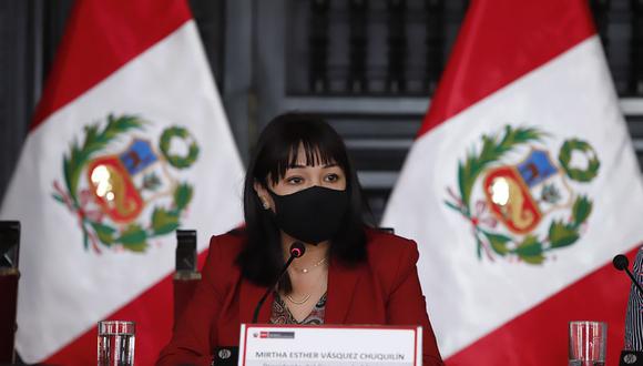 La primera ministra Mirtha Vásquez participó en una conferencia de prensa este miércoles tras confirmarse la tercera ola del COVID-19 en el Perú. (Foto: PCM)