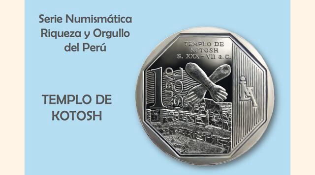 La moneda de un Nuevo Sol alusiva al "Templo de Kotosh" es la décimo tercera de la Serie Numismática. En el reverso se representa una sección del Templo de las Manos Cruzadas de Kotosh y en primer plano un detalle ampliado de las manos cruzadas.