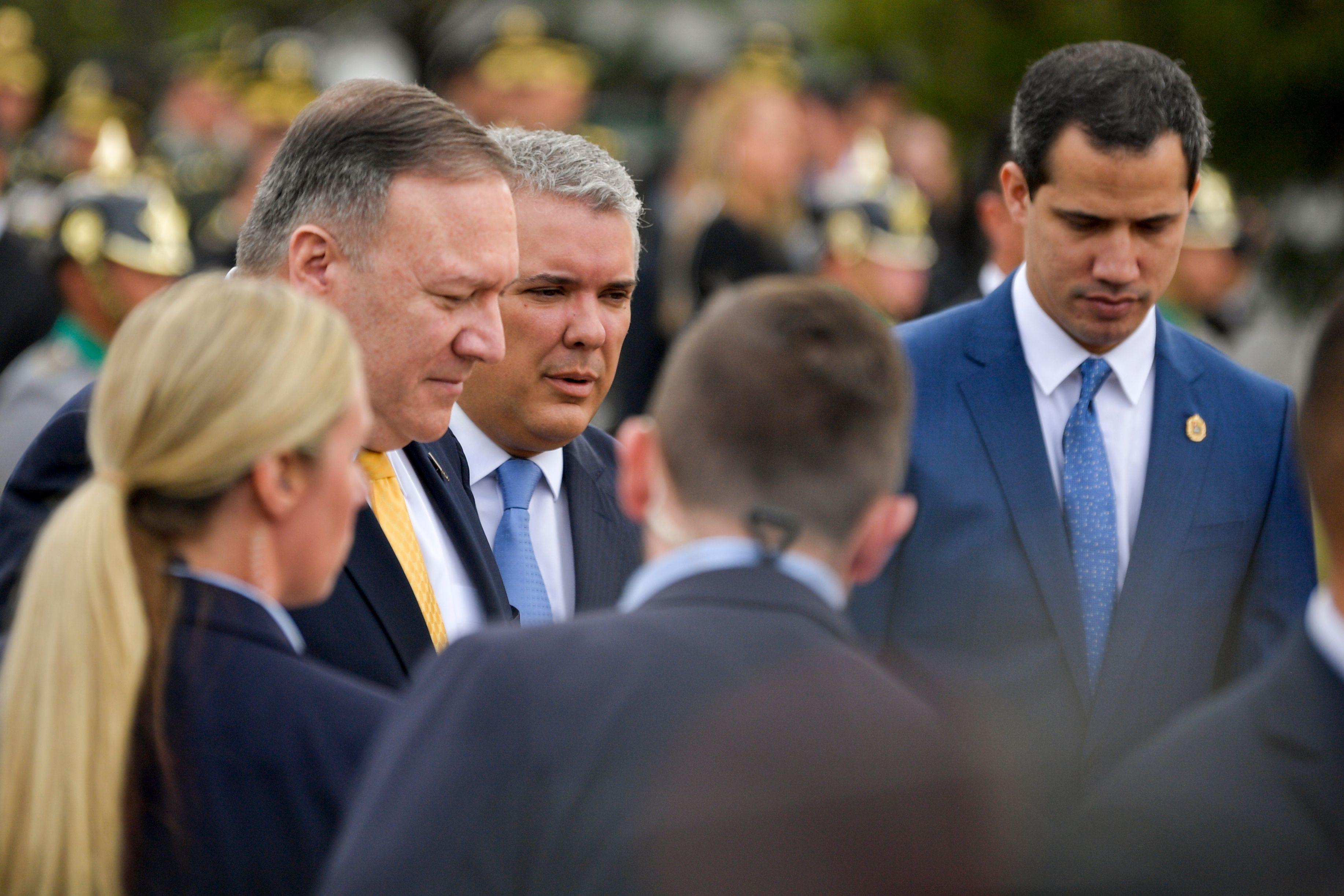 Secretario de Estado de EE.UU., Mike Pompeo, presidente de Colombia, Iván Duque y Juan Guaidó, quien es reconocido por más de 50 países como presidente interino de Venezuela. (Foto: AFP)