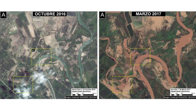 La primera imagen muestra el antes y después del río Tumbes, en octubre del año pasado y el final de marzo de 2017.