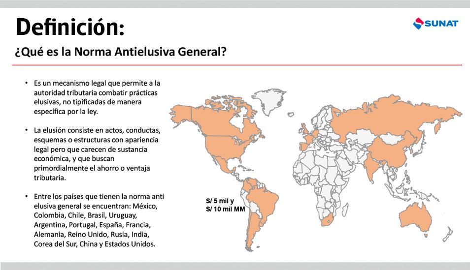 FOTO 1 | ¿Qué es la Norma AntielusivaGeneral? Es un mecanismo legal que permite a la autoridad tributaria combatir prácticas elusivas, no tipificadas de manera específica por la ley. La elusión consiste en actos, conductas, esquemas o estructuras con apariencia legal pero que carecen de sustancia económica, y que buscan primordialmente el ahorro o ventaja tributaria. Entre los países que tienen la norma anti elusiva general se encuentran: México, Colombia, Chile, Brasil, Uruguay, Argentina, Portugal, España, Francia, Alemania, Reino Unido, Rusia, India, Corea del Sur, China y Estados Unidos.