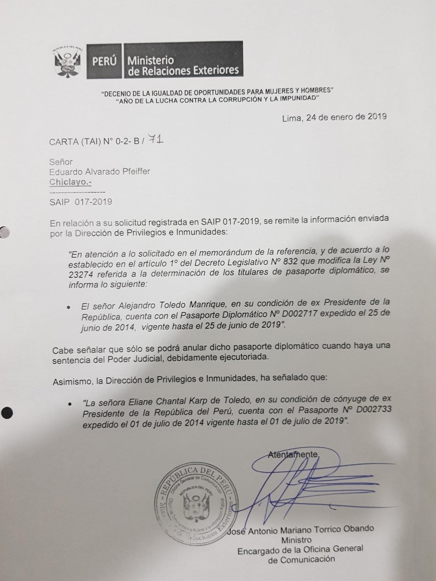 Documento del Ministerio de Relaciones Exteriores.