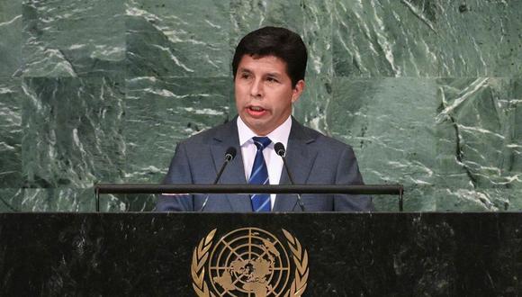 El presidente del Perú, Pedro Castillo, habla ante la Asamblea General de la ONU. (ANGELA WEISS / AFP).