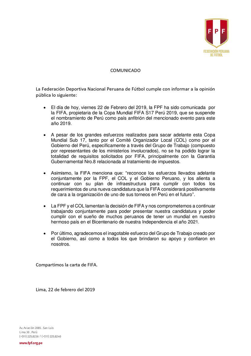 Este es el comunicado de la FPF. (Twitter FPF)