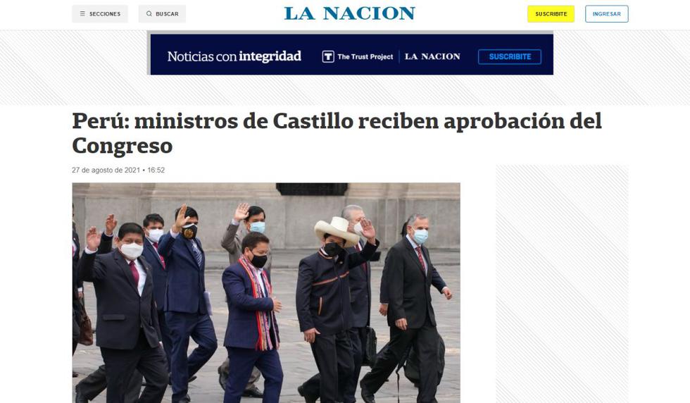 La Nación de Argentina dijo en su web que ministros de Pedro Castillo recibieron la aprobación de Congreso en Perú. (Captura/La Nación).