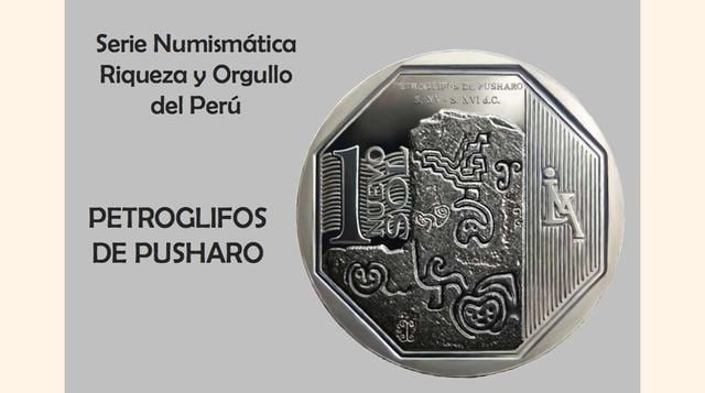 La moneda de un Nuevo Sol alusiva a "Los Petroglifos de Pusharo" es la vigésima de la Serie Numismática. En el reverso se observa una composición con los petroglifos más representativos de Pusharo, ubicados en Madre de Dios.